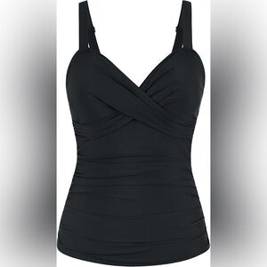 Lands End Black Ruched crisscross tankini swimsuit Top 12